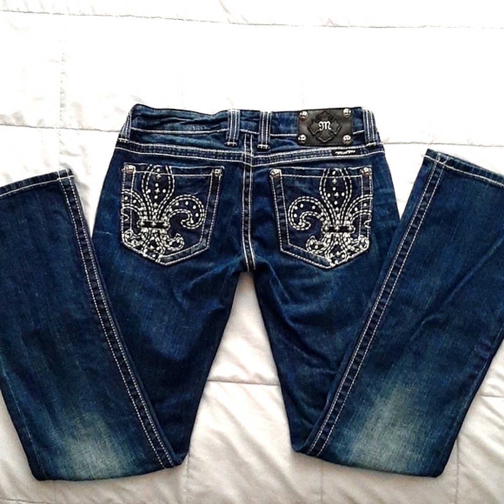 Miss Me dark wash distressed spade pocket jeans